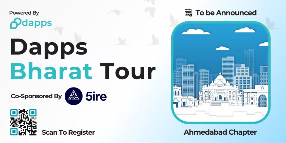 Web3eventsIndia's tweet photo. "Get ready to dive deep into the world of #Dapps at the Dapps Ahmedabad event. Here's your chance to connect with the vibrant Dapps community in Ahmedabad. Connect with like-minded enthusiasts @dapps_co and @5ireChain on 12th August. Secure your spot now: https://t.co/1g34DSavbF https://t.co/gUX3GnM5CV