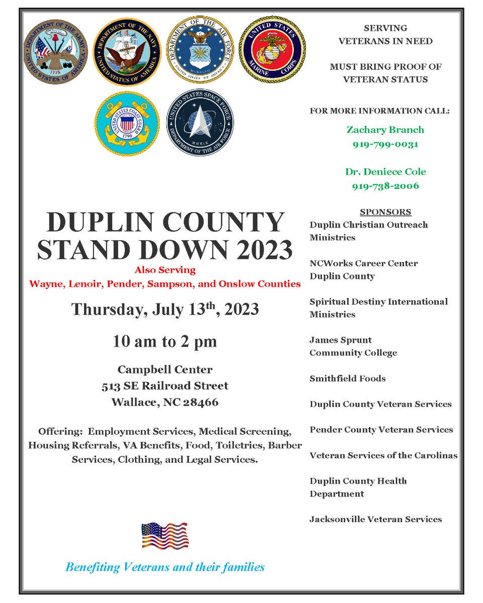 Don't miss the upcoming Duplin County Stand Down event on July 13! See the revised flyer for more information. #NCWorks #Veterans