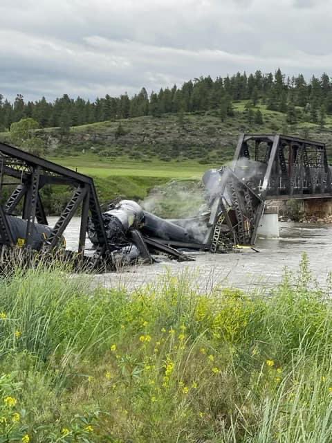 The image is taken from the riverbank, near one end of the ruined rail bridge. You can see grass and yellow flowers in the foreground, with the river, bridge, and train in the middle. The tanker cars are twisted and crumpled, with steam hovering over them. If you look closely, you can see yellow in the water near the wreckage. In the background, a forested hill, under gray clouds.