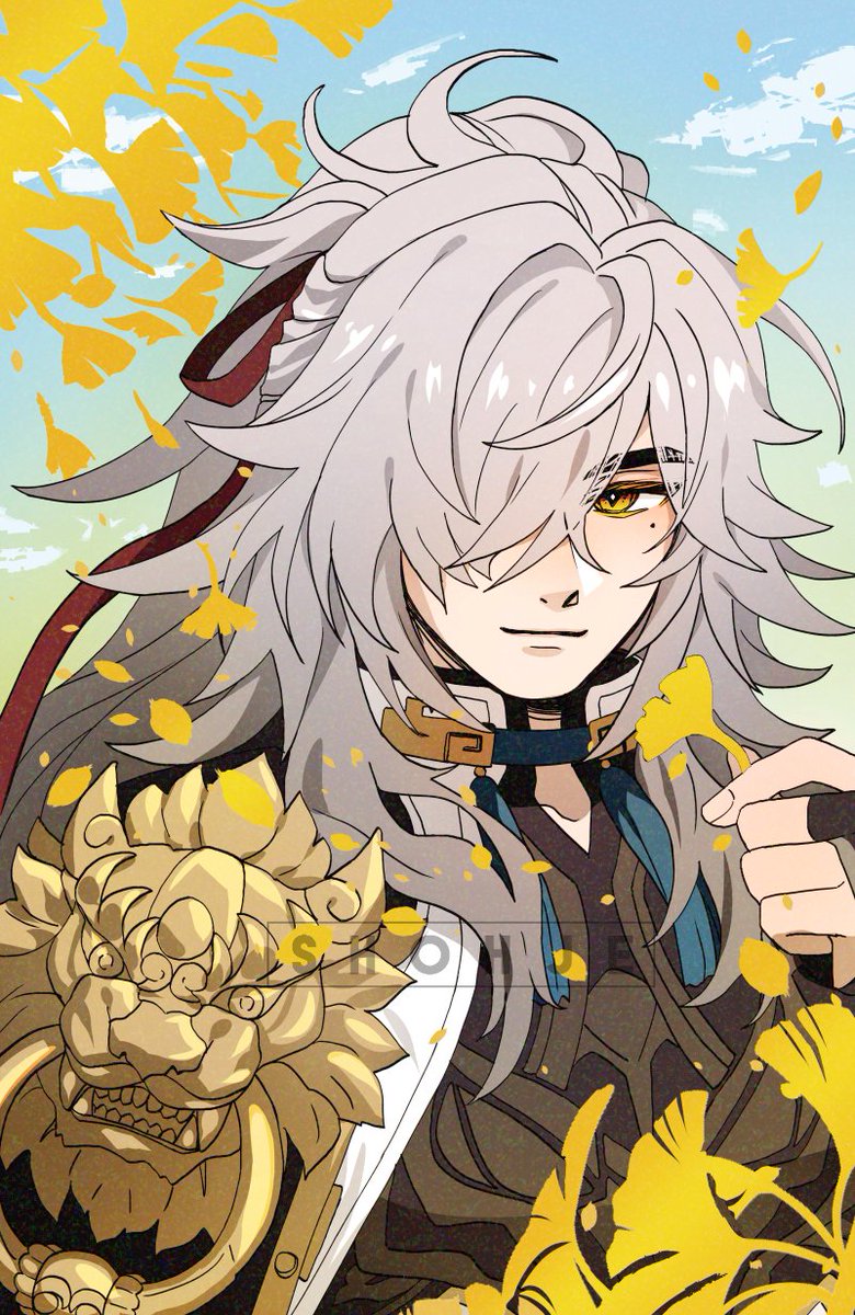 1boy male focus hair over one eye yellow eyes long hair grey hair solo  illustration images