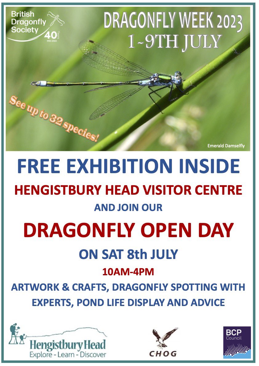 HENGISTBURY HEAD DRAGONFLY WEEK DISPLAY & OPEN DAY 2023
BCP Council – British Dragonfly Society – CHOG
Join us in Dorset for an opportunity to see and find out more about the 32 species of odonata found in Christchurch Harbour. See https://t.co/ELG934qcRW for more info. https://t.co/aiFXOzH5os