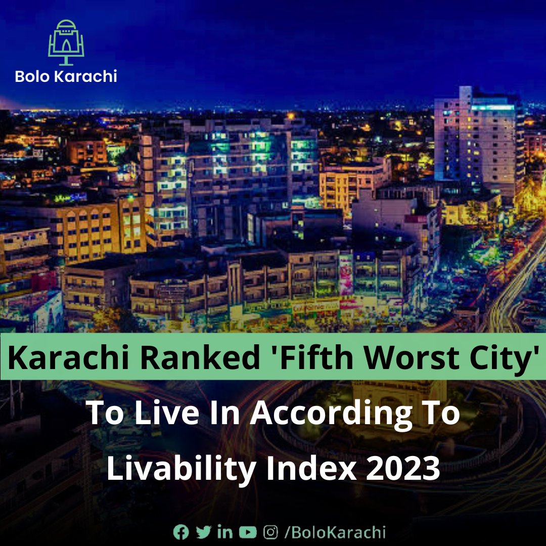 bolokarachipk's tweet photo. Earlier this week, The Economist Intelligence Unit (EIU), published The Livability Index 2023, which declared Karachi as the fifth worst city to reside in.

#BoloKarachi #LivabilityIndex #Karachi #City #Pakistan #EconomistIntelligenceUnit #EIU https://t.co/wbplulZSOe