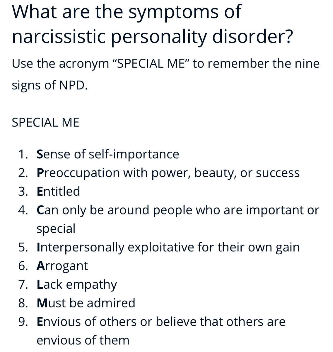 The acronym #specialme offers a guide to #NPD 

#mentalhealth #Narcissist #boundariesup