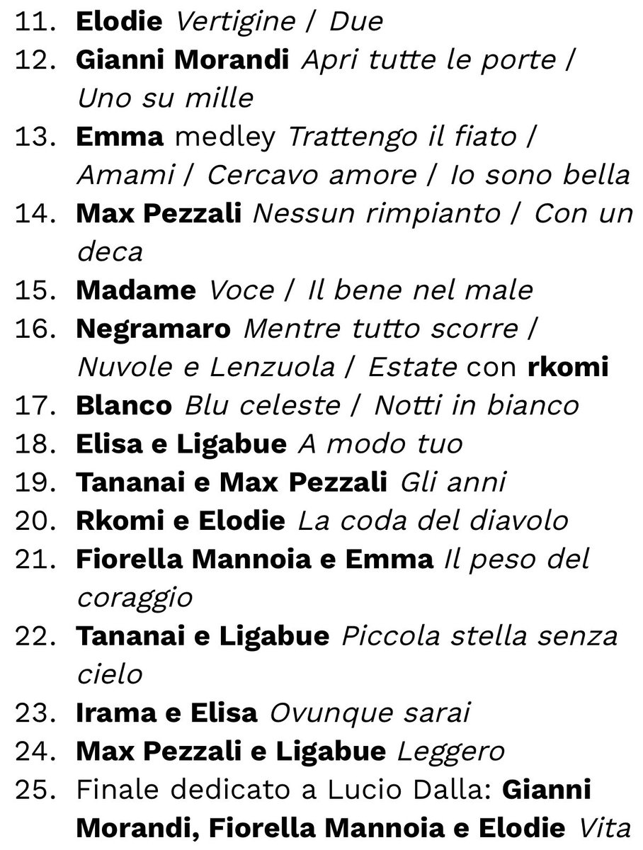 Cinguetterai's tweet photo. La scaletta completa di stasera, con tutte le canzoni e i duetti

#ItaliaLovesRomagna https://t.co/Ug5x2634Ej