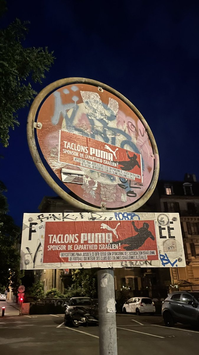 bdsgeneve's tweet photo. Le 24 juin marque la journée mondiale d’action contre @puma, sponsor officiel de l’association israélienne de football, rendant la marque complice des graves violations des droits palestiniens commises par le régime d’apartheid israélien. #BoycottPUMA #NoRestForPuma https://t.co/4enyl2zMuJ