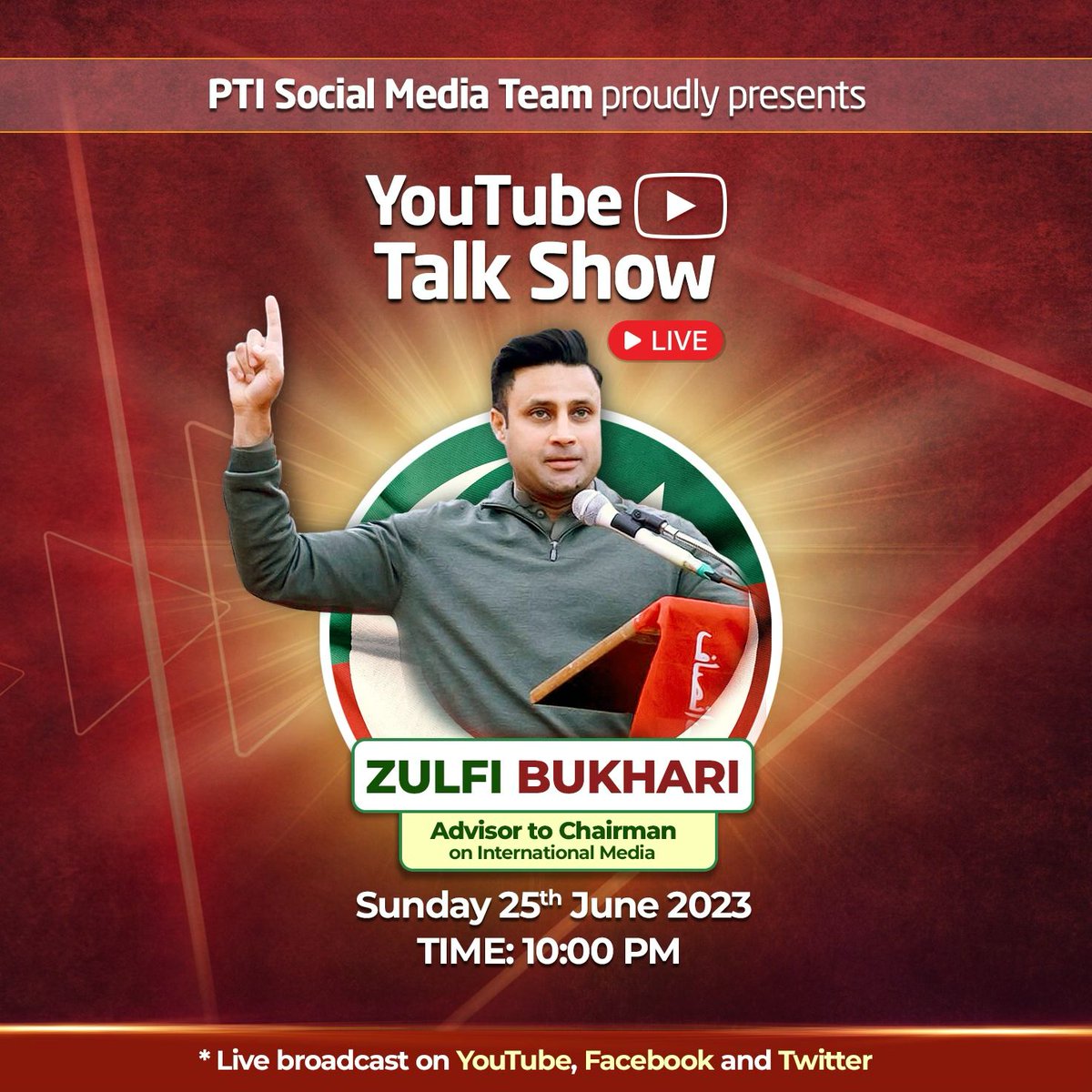 PTIPunjabPK's tweet photo. PTI Social media team proudly presents #YouTubeTalkShow with our very own @sayedzbukhari Advisor to chairman on International media on Sunday 25th June, 2023.
Time: 10:00 PM
#عمران_خان_تو_آئے_گا https://t.co/vP8180S2Qq