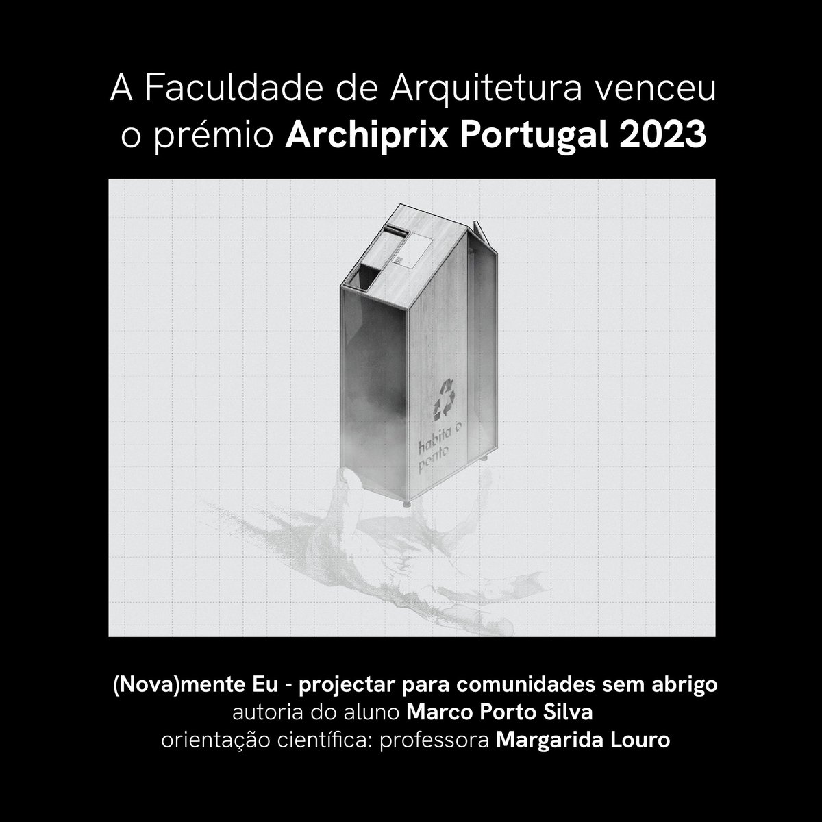 FAULisboa's tweet photo. O Vencedor do Archiprix 2023 é o aluno da FA.ULisboa Marco Silva, com o projeto: "(NOVA) Mente EU".  
A FA.ULisboa recebeu também uma Menção Honrosa (Luís Correia) e quatro finalistas (Ana Beatriz Leite Ribeiro, Cristiana Monteiro, Madalena Bailey, Sofia Luís Pinheiro). https://t.co/GPBBAwXCcf