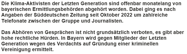 CorneliaHuth's tweet photo. Hier der komplette Text der heutigen 20.00 Uhr Tagesschau-Nachricht. Was vermutlich beim durchschnittlichen Tagesschau-Zuschauer hängen bleibt, ist, dass @AufstandLastGen so kriminell sei (Quatsch!), dass sie die hohen rechtlichen Hürden erfüllen würden, abgehört werden zu dürfen https://t.co/eepARbqicJ