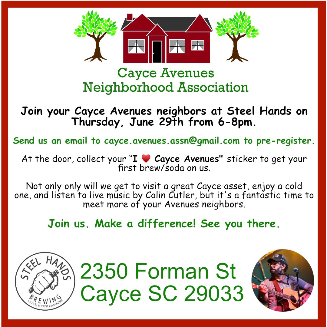 cayceavenues's tweet photo. Come join us on Thursday June 29th from 6 - 8 at Steel Hands https://t.co/LkWywNBi5p