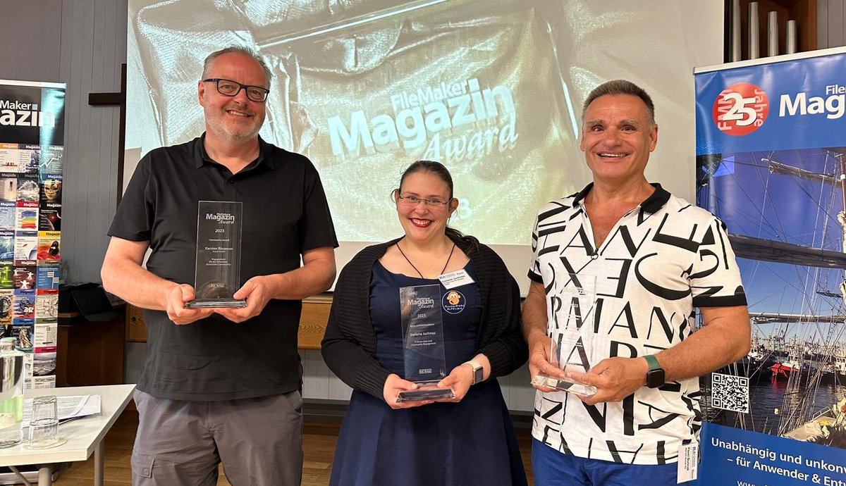Die FMM Awards 2023 sind vergeben! Drei der fünf Gewinner konnten ihre Preise am 22. Juni persönlich auf der FileMaker Konferenz in Basel im Empfang nehmen. Herzlichen Glückwunsch! #fmmaward2023 #filemaker #clarisfilemaker #fmk2023 filemaker-magazin.de/neuigkeit/4227