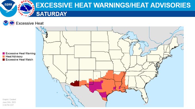 NWS Map of Excessive Heat Warnings, Heat Advisories, and Excessive Heat Watches that are currently in effect.