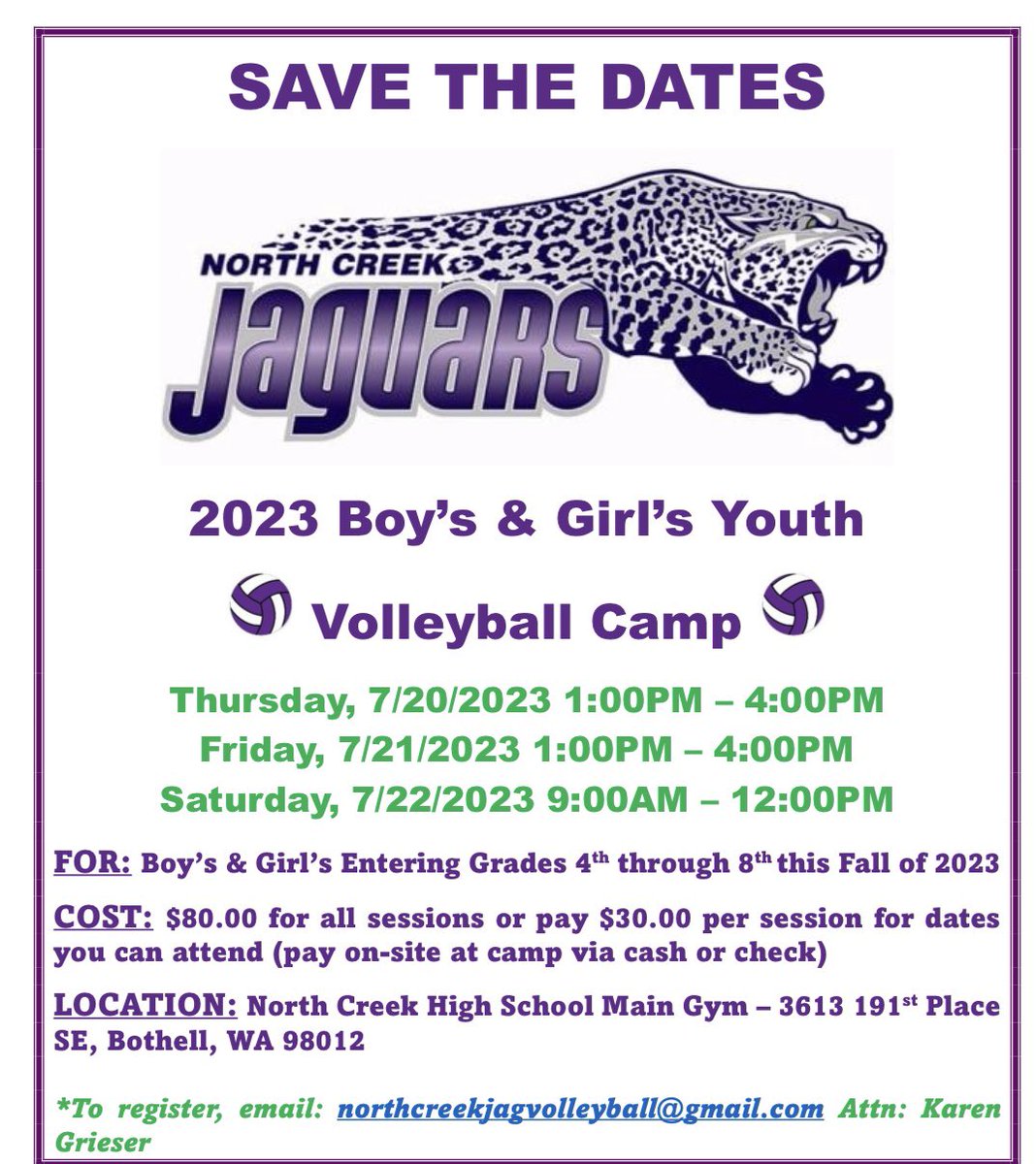 Northcreek HS Volleyball (@ncjagvball) on Twitter photo Jags Youth Camp
Grades 4-8
All skills welcome!
July 20/21/22
$80 for all 3 sessions or
$30 for one session
To register, email northcreekjagvolleyball@gmail.com Jags Youth Camp
Grades 4-8
All skills welcome!
July 20/21/22
$80 for all 3 sessions or
$30 for one session
To register, email northcreekjagvolleyball@gmail.com