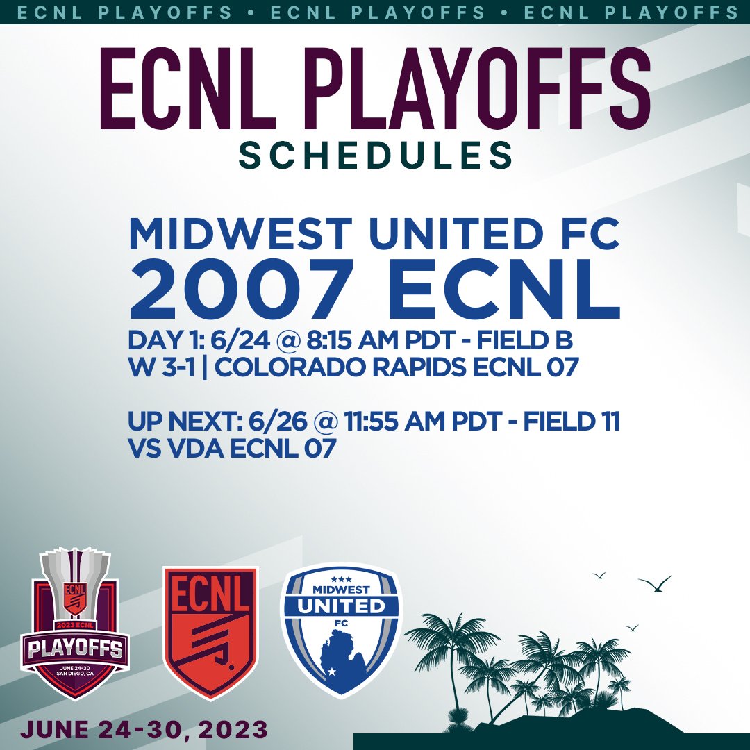 MUFCAcademyMI's tweet image. ⚽🔥Midwest United FC ECNL 07 Girls ignite @ECNLgirls Playoffs with 3-1 victory vs Colorado Rapids! Next is VDA ECNL, 11:55 AM PDT, June 26th. Watch LIVE: team1sports.com/ecnl/ 🏆
#MidwestUnitedFC #ECNLPlayoffs #RoundTwo #WeAreUnited