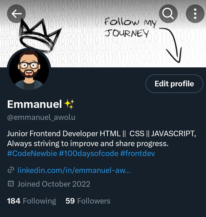 I'm just 1 follower away from 60! Let be Twitter friend and make each other day brighter! #100daysofcodechallenge #javascript #FrontEnd #CodeNewbie