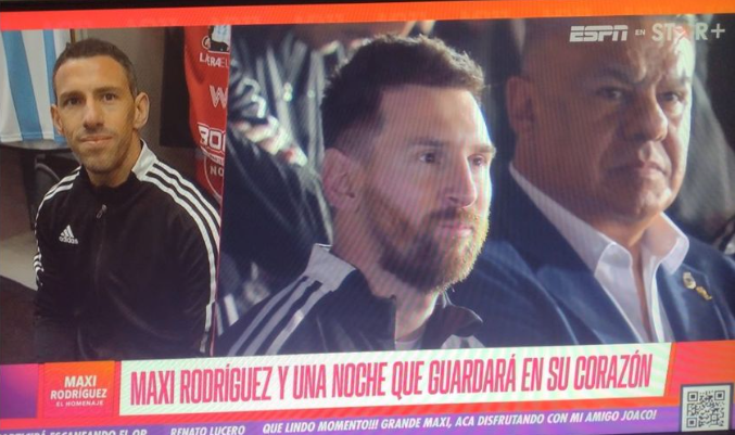 Estoy con EL Partido Homenaje a Maxi #MR11, que hasta ahora parece un HOMENAJE A MESSI. #messi ..
Lo sigo por la App Star+, que abono todos los meses.
Mañana la despedida de #Riquelme  lo televisa la <a href="/TV_Publica/">TVP</a> .  MAS GROSO Y COHERENTE, NO SE PUEDE, NO?