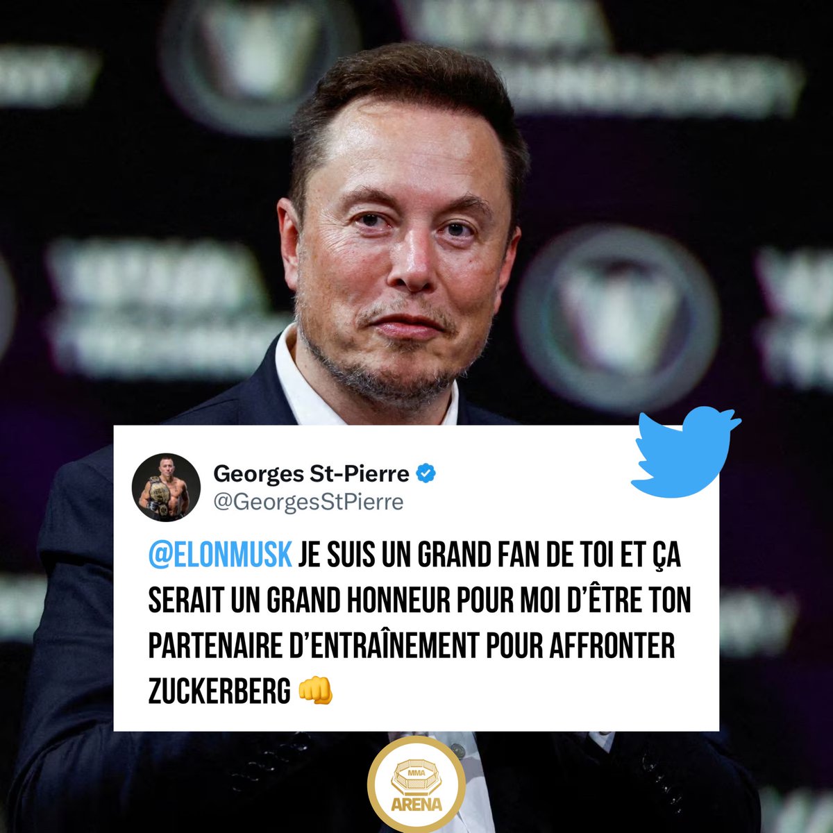 MMArena_'s tweet photo. 🚨 GSP VEUT ENTRAÎNER ELON MUSK ET JON JONES VEUT ENTRAÎNER MARK ZUCKERBERG 💥

MOI JE SUIS HYPE !!! https://t.co/VbZpiaGzRv