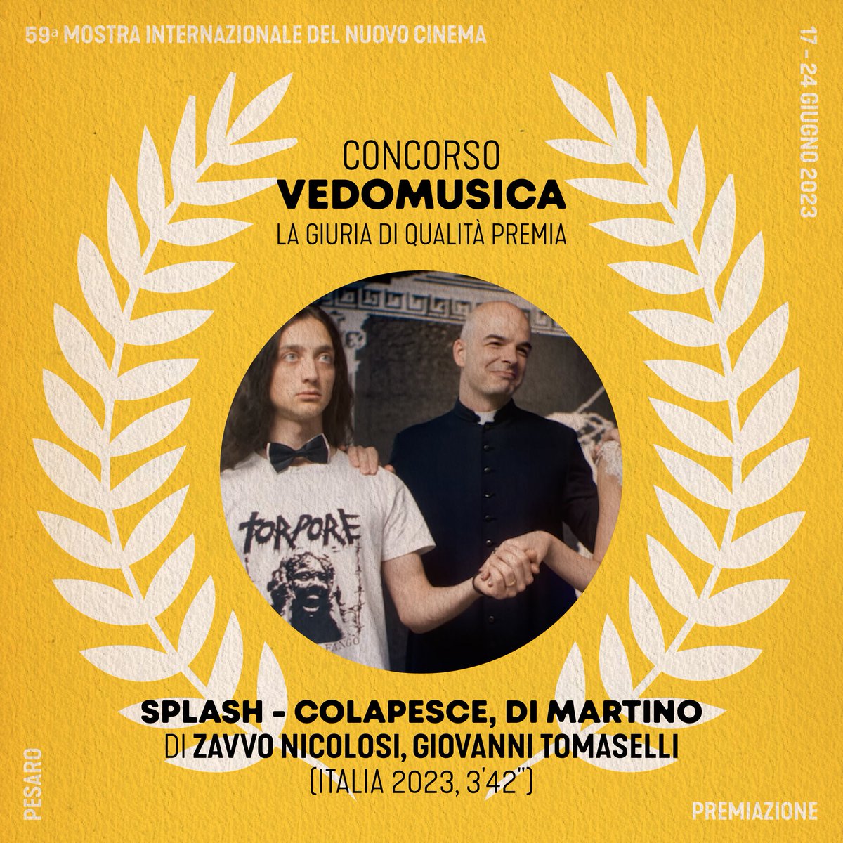 Il primo premio della serata va a Zavvo Nicolosi e Giovanni Tomaselli che vincono il concorso VEDOMUSICA, con il videoclip di SPLASH di Colapesce e Di Martino