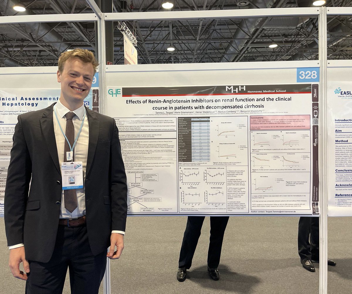 Current guidelines advise against the use of RAS-Inhibitors in patients with decompensated cirrhosis & ascites (risk of renal impairment)
🔒BUT: data are lacking

Tammo Tergast’s findings show:
💡no higher incidence of AKI and possible protective effects!

#EASLCongress SAT-328