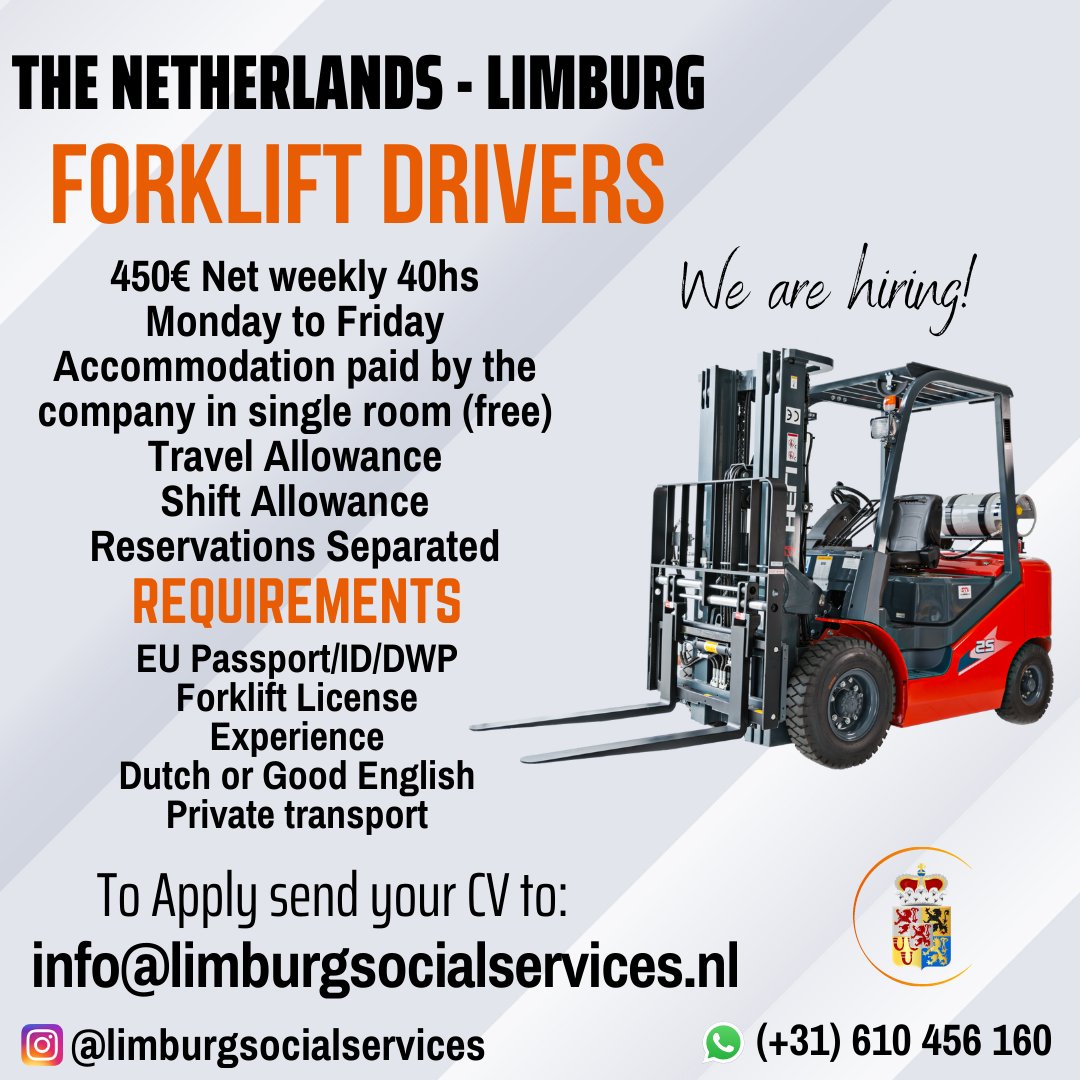 Forklift drivers M/F 🇳🇱
The Netherlands - Limburg 🇳🇱

 🌎 To Apply: 
limburgsocialservices.nl/forklift-drive…

📜 Or send your CV to:
info@limburgsocialservices.nl

#forklift #heftruck #heftruckchauffeur #forkliftoperator #forkliftdriver #reachtruck #limburg #werk #vacancy #job #teamleader