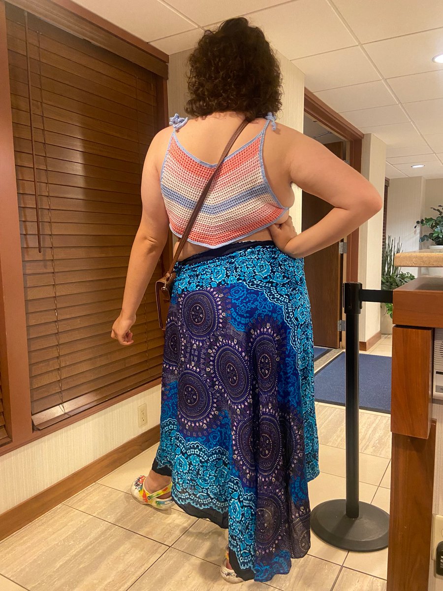 Check out this pride look: validish crop top in femmeboy + rainbow, flowy ankle length skirt, and tie dye crocs