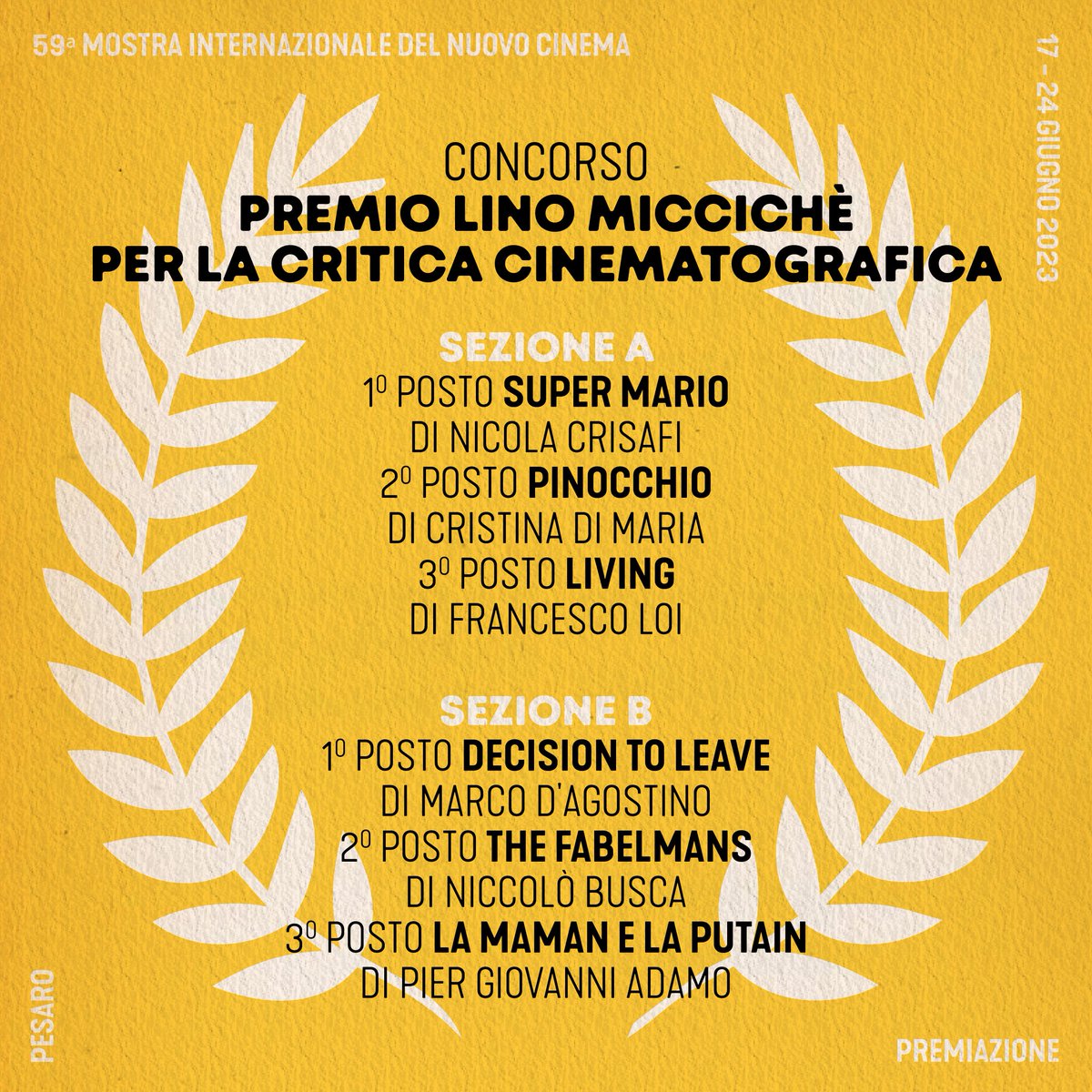 Il Pesaro Film Festival con il Sindacato Nazionale Critici Cinematografici Italiani, ha deciso di premiare, per il concorso "Premio Lino Miccichè per la critica cinematografica", tre giovani partecipanti 🏆