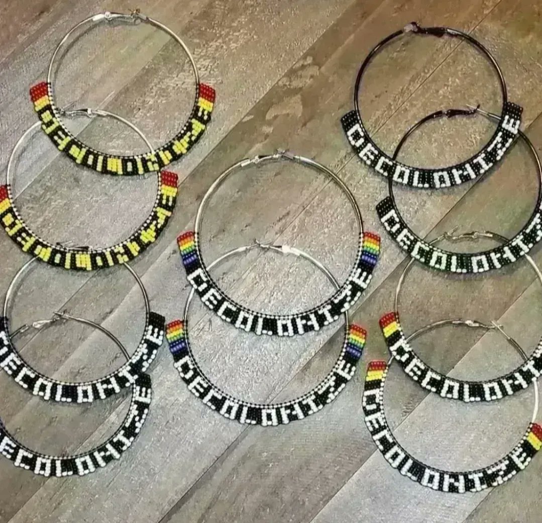 DECOLONIZE... beaded hoop earrings available in my Et$y shop @ buff.ly/3fosf8t w/ FREE US shipping! #NativeTwitter #AlaskaNative #FirstNations #beadwork #NativeMade #BuyNative #Statimc #Unangax #Aleut #decolonize