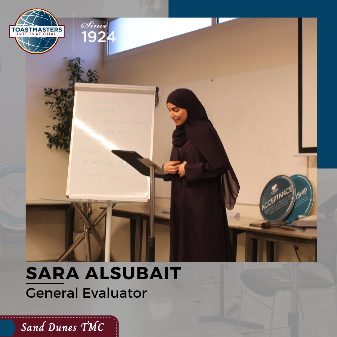 TM. Sara Al Subait did an outstanding job.

She effectively managed the session as a general evaluator, with the assistance of all evaluators and the associate functionaries.

Thank you ✨

#toastmastersinternational #leadershipdevelopment #toastmasters

Sponsors @coREACHco