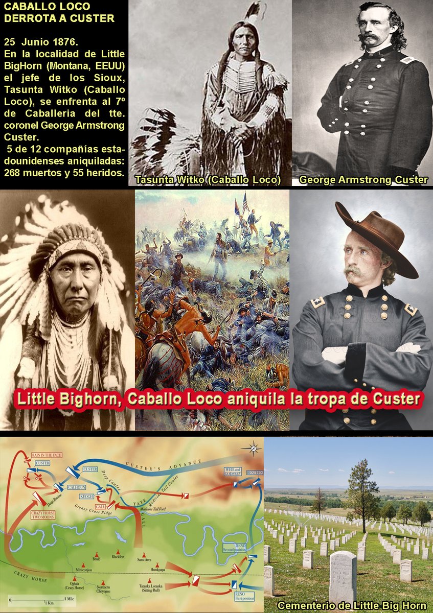 JostoMaffeo's tweet photo. 🪶 ⚔️ 📚 CABALLO LOCO DERROTA A CUSTER
25 Junio 1876.
En Little #BigHorn (#Montana) el jefe de los #Sioux, Tasunta #Witko, se enfrenta al 7º de Caballeria del tte. coronel George Armstrong #Custer.
5 de 12 compañías estadounidenses aniquiladas: 268 muertos y 55 heridos. https://t.co/VS5I012W8m