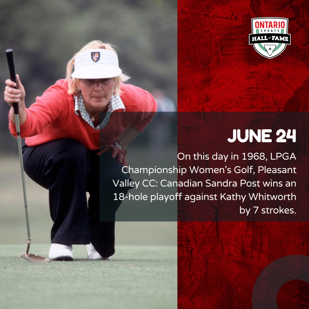 OntarioSportsHF's tweet photo. On this day in 1968, LPGA Championship Women's Golf, Pleasant Valley CC: Canadian Sandra Post wins an 18-hole playoff against Kathy Whitworth by 7 strokes.
#OSHOF #OnThisDay #SandraPost #golf #LPGA #sports #oakville #ontario #CanadaGP https://t.co/cqtpHwbSrB
