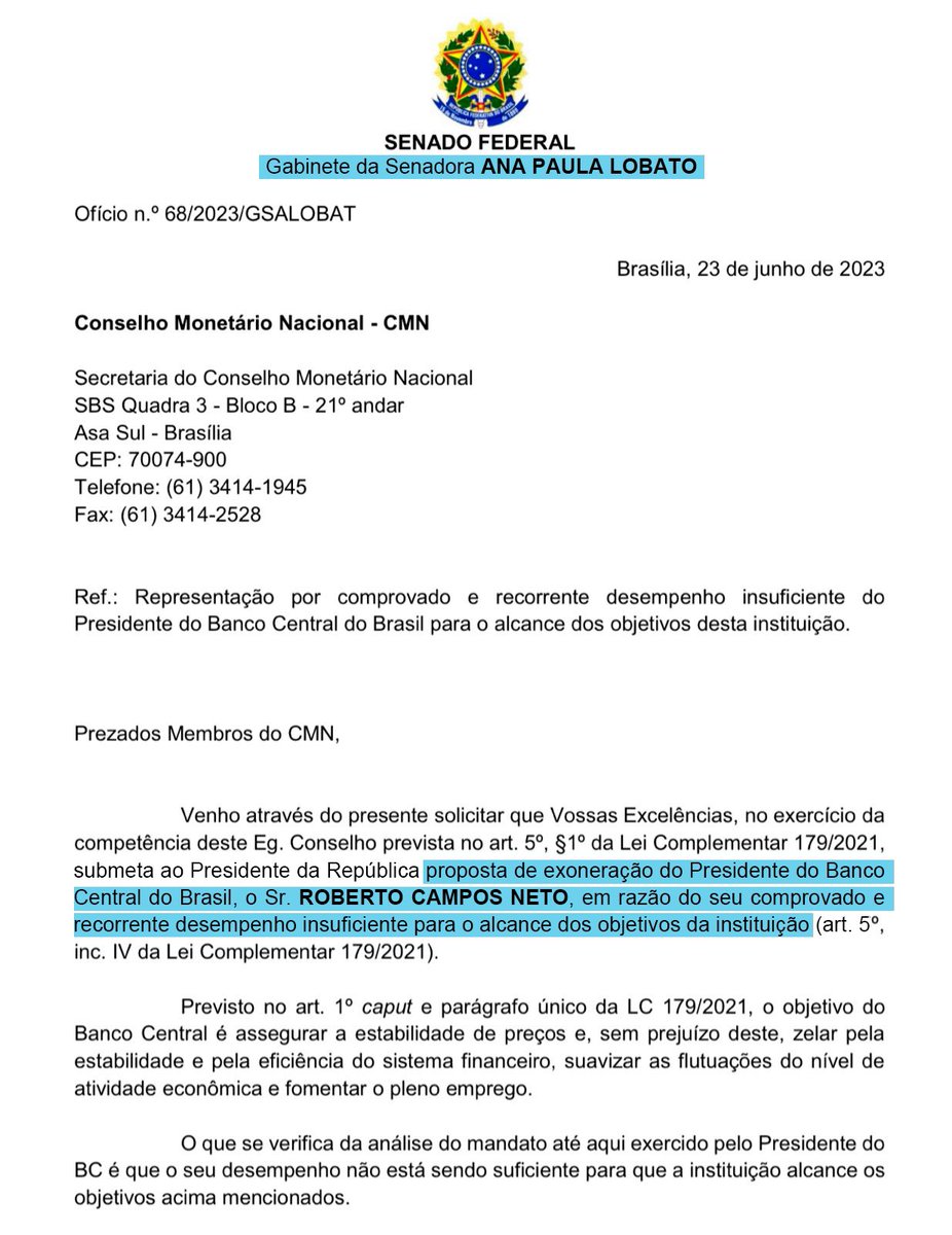 URGENTE!! Acaba de ser pedida oficialmente a EXONERAÇÃO de Roberto Campos Neto do Banco Central!!

Além de pedido feito por <a href="/lindberghfarias/">Lindbergh Farias</a>, a sanadora <a href="/anapaulalobato_/">Ana Paula Lobato</a> acaba de reforçar o pedido!

O senado precisa de apenas 41 votos pra derrubar o bolsominion maldito!! Pra