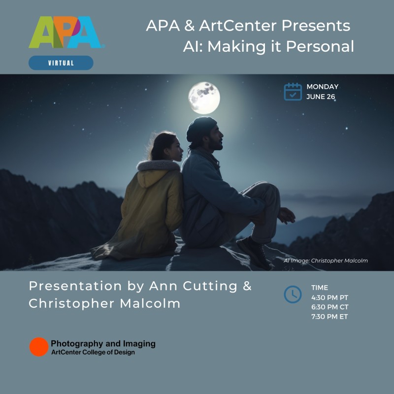 Join us this Monday for an exciting dialogue about #AI Art featuring faculty #AnnCutting and #photographer/director #ChristopherMalcolm, co-hosted by @APANational. 

AI: Making It Personal
June 26th | 4:30PM PST
🔗 Register: apanational.org/events/entry/a…
#ArtistLecture #AIArt