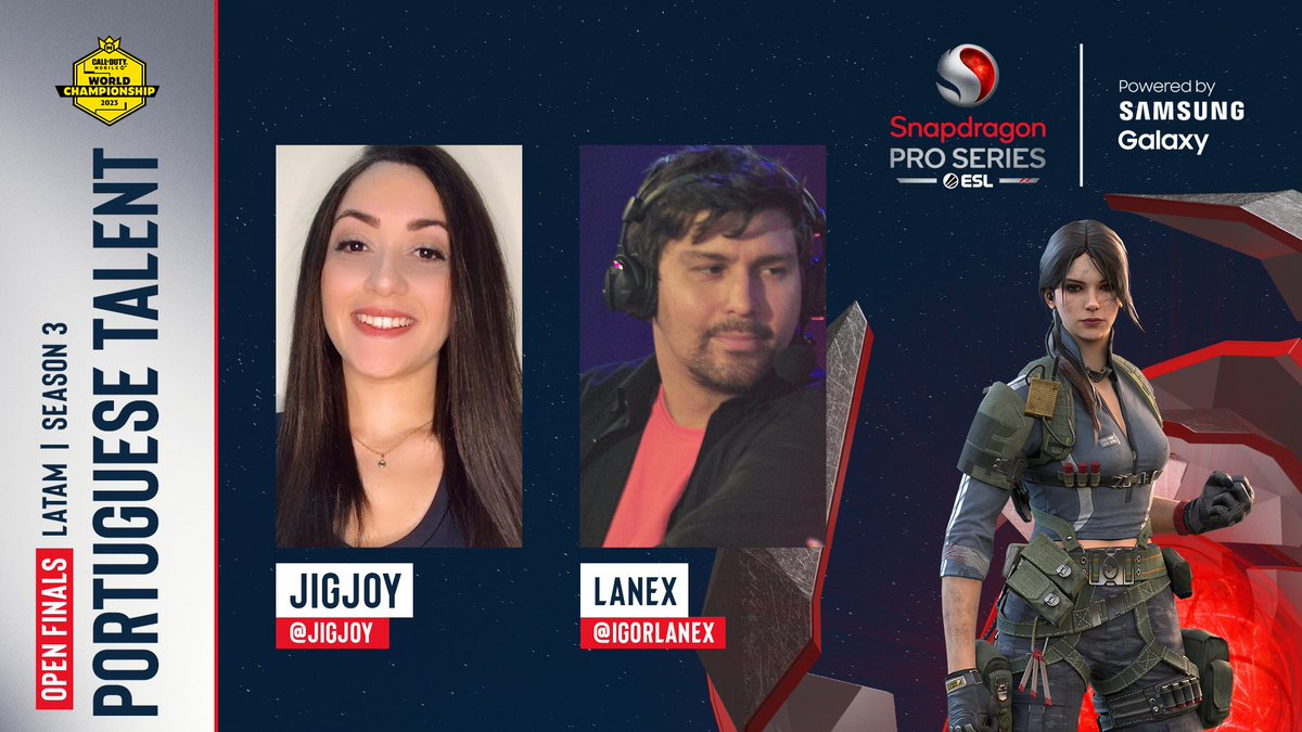 ESLCODM's tweet photo. 📢 [LATAM] Want to watch the stream in Portuguese? Introducing the official Portuguese talent: 

🎙️: @JigJ0y &amp; @IgorLanex 
📅: June 24 @ 6:30 PM BR (11:30 PM CEST)
📺: https://t.co/y5vGG1etBP | https://t.co/S6giD8QQsm 

#SnapdragonProSeries #CODMCHAMPS23 https://t.co/QmisgNXRVw
