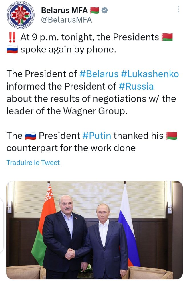 TomLope95565011's tweet photo. Ce soir à 21h, les présidents 🇧🇾🇷🇺 se sont de nouveau parlés par téléphone.
#Loukashenko a informé le président de la #Russie des résultats des négociations avec le chef du groupe Wagner.
#Putine a remercié son homologue 🇧🇾 pour le travail accompli

Nb: #Prigozhin est un homme😂 https://t.co/ct6tARJEyQ