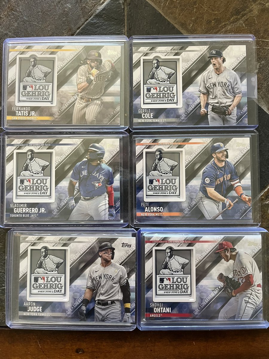 How awesome are these??? Big shout to @Topps for immortalizing #lougehrigday and bringing awareness to ALS. Waiting on the Mike Trout card to arrive, but this set of patch cards are insanely cool. @LG4Day