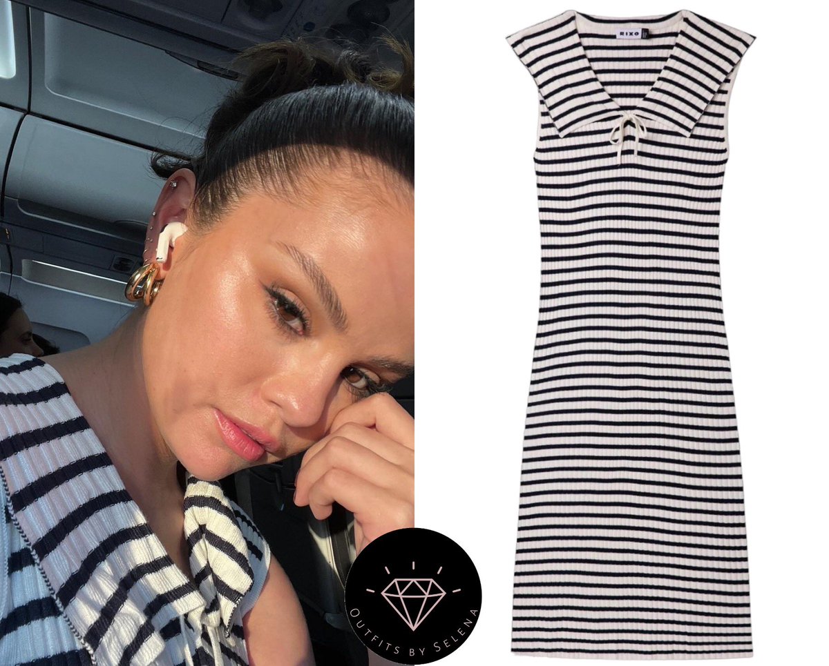 outfitsbyselena's tweet image. June 23, 2023 - .@SelenaGomez posted new pictures on her Instagram 

#SelenaGomez wearing a #Rixo Antibes Jersey Midi Dress ($435) with a pair of #JenniferFisher Double Lilly Natasha Huggies ($395).✨🔥✨