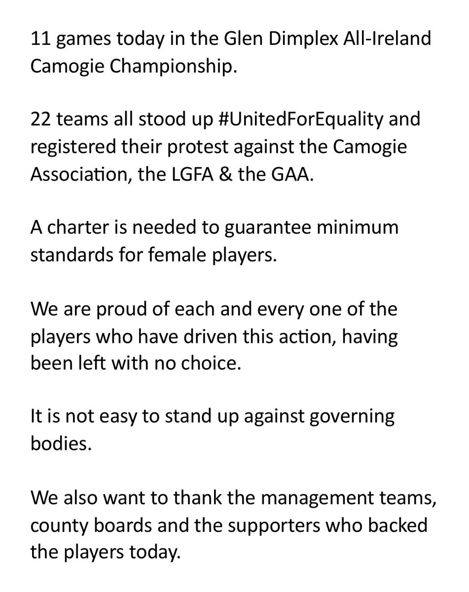 #UnitedForEquality
<a href="/Dimplex_Ireland/">Dimplex Ireland</a> 
<a href="/OfficialCamogie/">The Camogie Association</a> 
<a href="/LadiesFootball/">Ladies Football</a> 
<a href="/officialgaa/">The GAA</a>