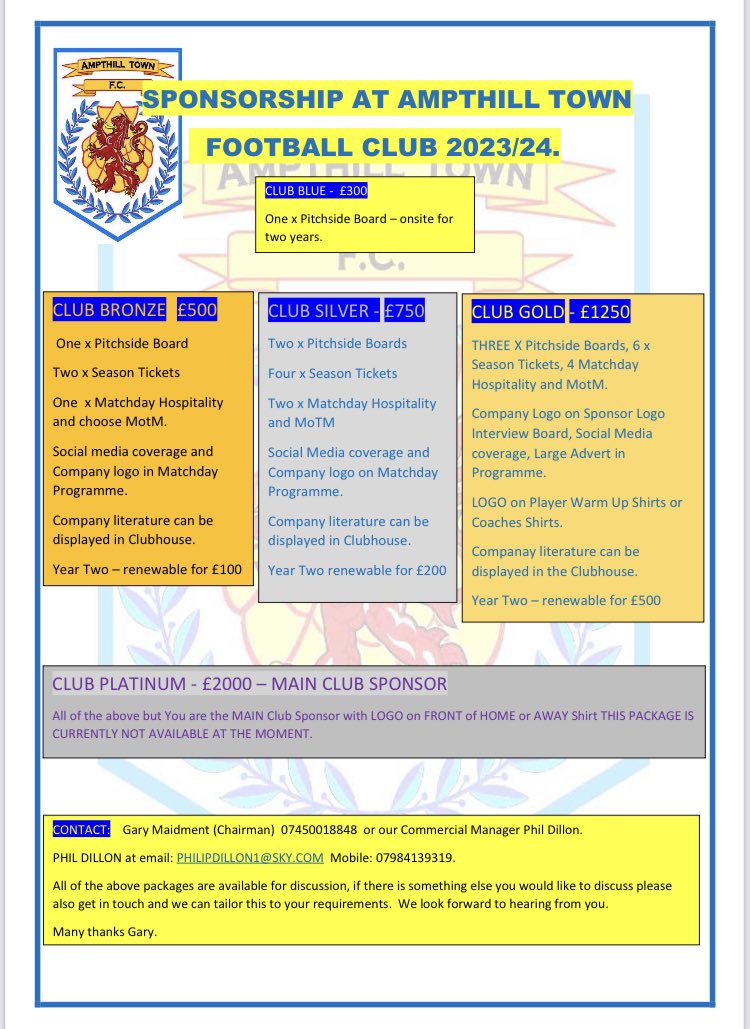Looking to get involved with local football? Why not join us as an official Club Sponsor.  We have several packages on offer so please give us a call or get in touch and join the team 👊🏼💛💙 <a href="/ampthillinfo/">Ampthill.Info</a> <a href="/AmpthillChamber/">Ampthill Business Connect</a> <a href="/engineandtender/">engine and tender</a> <a href="/thehidelounge/">The Hide Lounge</a> <a href="/surfinampthill/">SurfinCafe Ampthill</a>