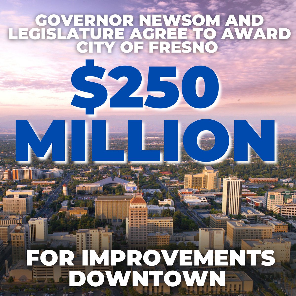 .<a href="/MayorJerryDyer/">Mayor Jerry Dyer</a> is pleased to announce the City of Fresno anticipates being awarded $250 million to improve the downtown core. 👏
