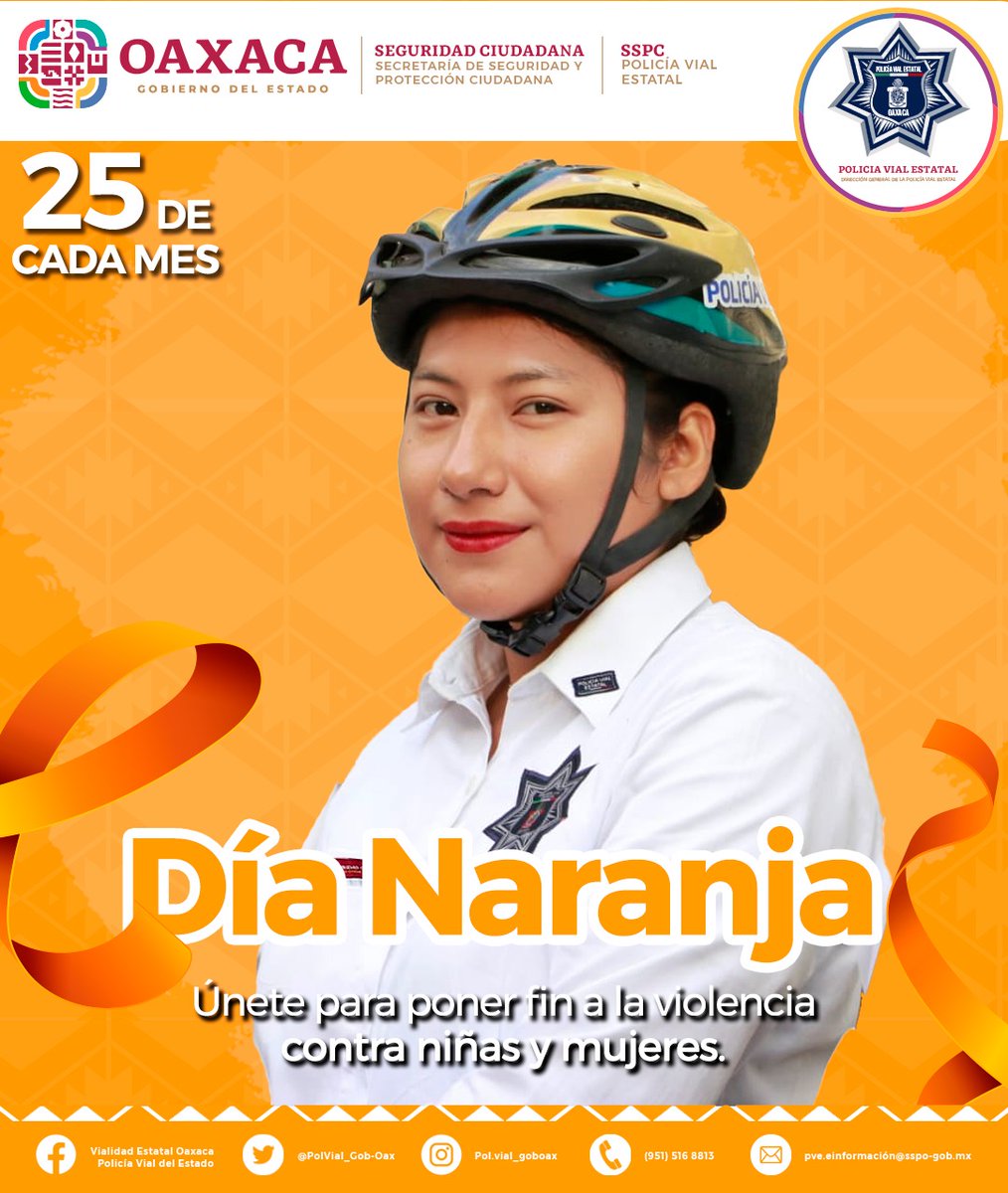 Las mujeres que laboran en la Policía Vial del Estado son: Madres, esposas, hijas o hermanas con derechos a no ser violentadas. Este #DíaNaranja trabajemos por erradicar la violencia de cualquier tipo contra las niñas y mujeres de #Oaxaca.

<a href="/GobOax/">Gobierno de Oaxaca</a> <a href="/salomonj/">Salomón Jara Cruz</a> <a href="/SSPC_GobOax/">SSPC Oaxaca</a>