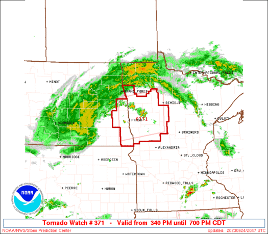 A new #tornado watch is in place for parts of the Red River Valley of MN/ND, including Fargo and areas southeast of Grand Forks. A few tornadoes have developed and should continue this afternoon and early evening. #NDwx #MNwx