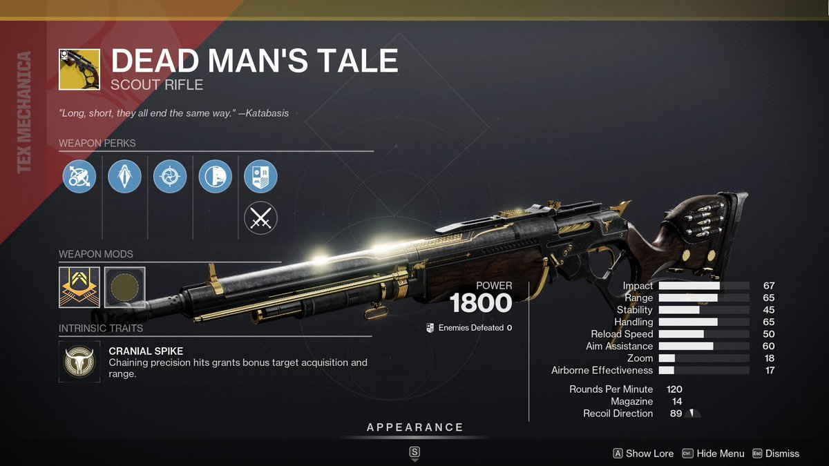 MisterTangoLIVE's tweet photo. On the second page Xûr is selling random rolls of Hawkmoon and Dead Man's Tale.
Hawkmoon - Polygonal Rifling, Alloy Magazine, Surplus, Textured Grip.
Dead Man's Tale - Fluted Barrel, Armor-Piercing Rounds, Snapshot Sights, Hand-Laid Stock.
#Destiny2 https://t.co/11KaUYmLGg