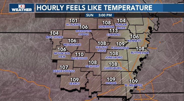 ryanvaughan's tweet photo. Tomorrow’s heat is going to be rough! Here are the projected heat indices for the afternoon. https://t.co/b4HwW1sTy7
