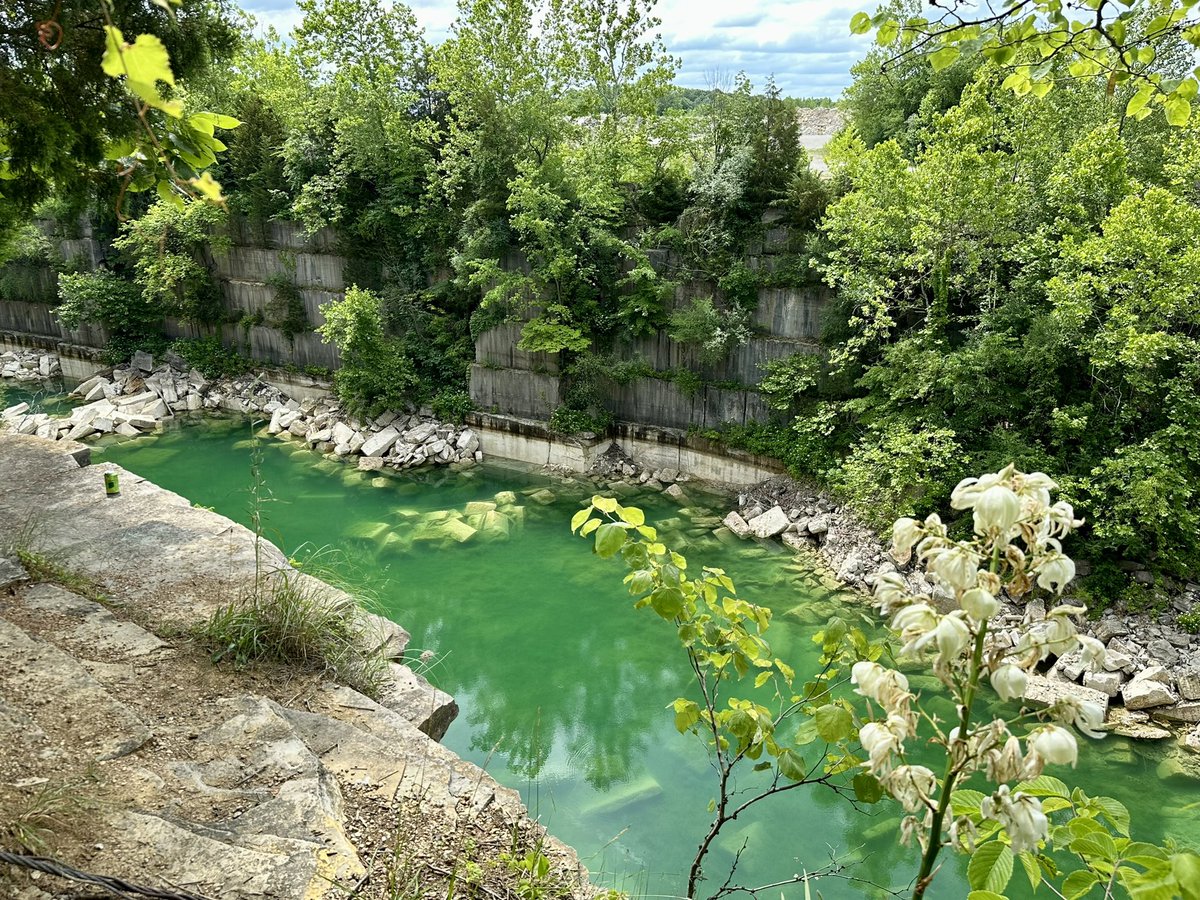 andylikegum's tweet photo. This “tropical oasis” is actually the Empire Quarry in Indiana which produced the stone for the Empire State Building. Learned this week that the quarry is protected in case replacement stone is ever needed for the building. Pretty spectacular sight. 

#limestonemonth https://t.co/mgOLU84HRC