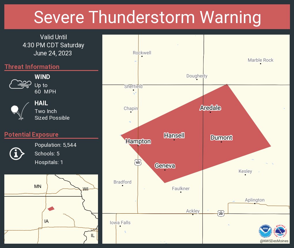 NWS Des Moines on Twitter "Severe Thunderstorm Warning continues for Hampton IA, Dumont IA and
