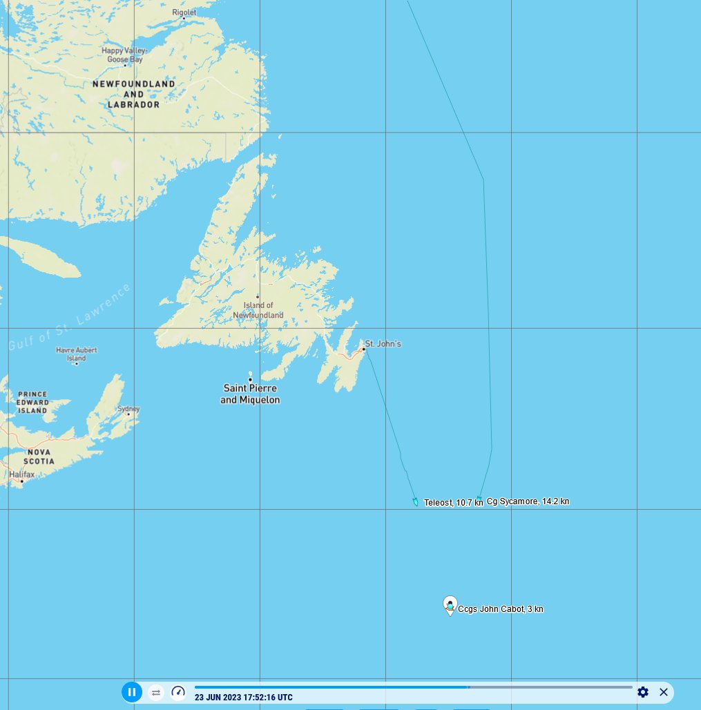 MikeChillit's tweet photo. #Teleost My recollection was that Teleost sailed from St. Johns, but lots of things are a blur now. So I ran a playback and St. Johns is correct. Why is she now heading to Halifax or wherever? Perhaps she is transporting something that requires lab analysis or a flight to another destination but could be any number of other reasons. It doesn't seem likely that anything they've recovered is time-sensitive, but who knows?