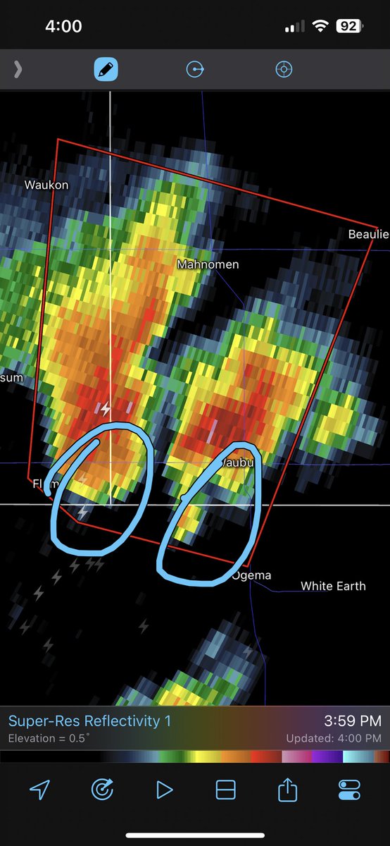 Two areas of strong rotation are basically side by side as they move towards Manhomen. At least one has a confirmed #tornado on the ground. #MNwx