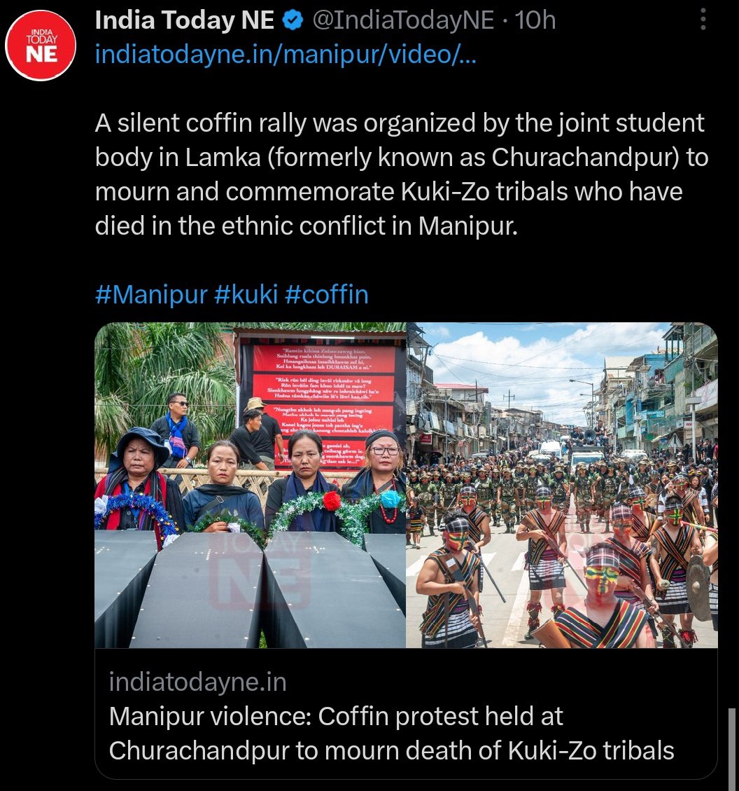 ChristianIndia_'s tweet photo. As usual, due to the constant threat by the Meitei arms radicals groups, @IndiaTodayNE has to just remove their tweet. They are not the first to receive such a warning. This is a big slap to the international press & media organisations!

No media except those of Meitei based  is safe in Manipur, they are forcefully oppressed!

#SaveManipurTribals
#SeparateAministration for the oppressed minority (Kuki-zo)

@PTI_News @cnni @pressfreedom @JournoResource @ashoswai @UNHumanRights @FreedomofPress @BBCNewsPR @airnewsalerts @AlJazeera
@CNNnews18
@nytimesworld @CanadaTimes_org @BBCEngland