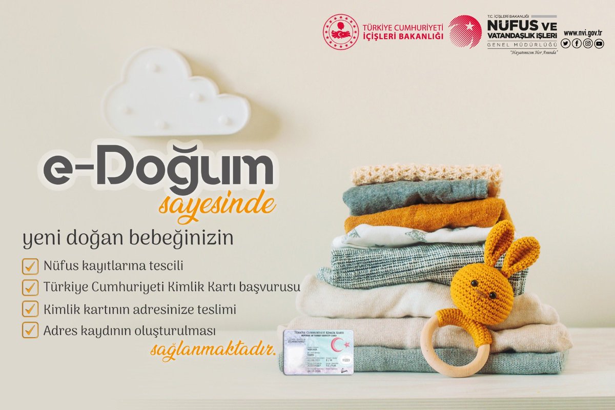 👶 e-Doğum ile;
Nüfus müdürlüklerine gitmenize gerek kalmadan yeni doğan bebeğinizin nüfus kaydı, doğduğu sağlık kuruluşunda yapılıyor ve T.C. Kimlik Kartı ücretsiz olarak adresinize gönderiliyor. #HayatınızınHerAnında <a href="/Hasankahraman05/">Hasan KAHRAMAN</a>