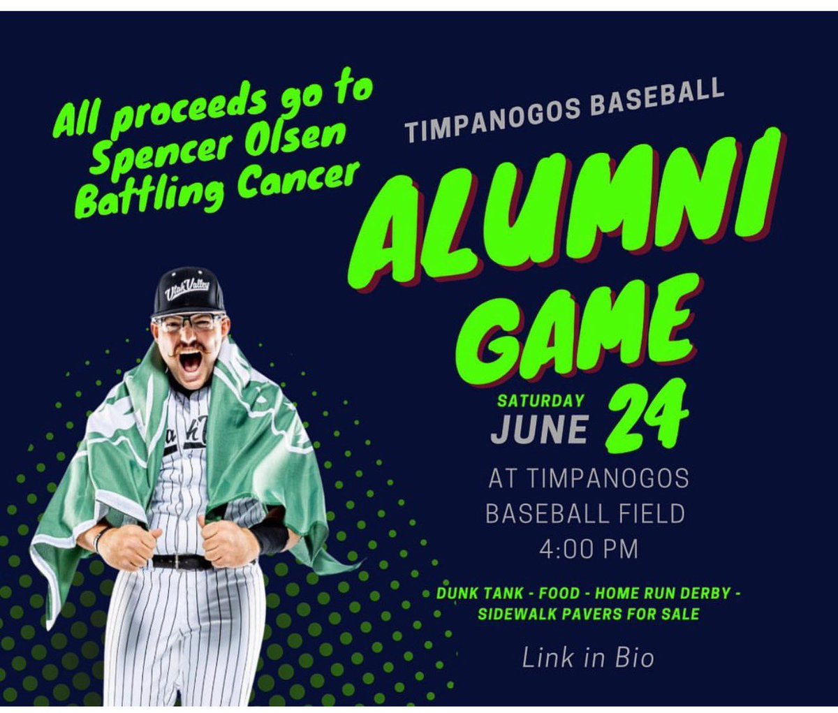 PerryBronson's tweet image. Alumni game today!! @timpanogos baseball field. All current players come and play and Alumni we can't wait to see you. Be at the field at 4 PM.
Game starts at 5 PM. All proceeds go to @spencer_olsen_5, a former player battling cancer. Donate directly to Venmo @Michelle-Olsen-3