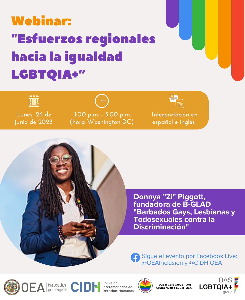 OEA – Inclusión (@oea_inclusion) on Twitter photo Súmate al seminario web "Esfuerzos regionales 🌎hacia la igualdad #LGBTQIA+"🏳️🌈
🗓️26 de Junio de 2023
🕘1 pm. (EDT)
Sigue el evento por #FacebookLive⬇️
🔹<a href="/OEA_Inclusion/">OEA – Inclusión</a>: bit.ly/36K6wHA
🔹<a href="/CIDH/">CIDH - IACHR</a>: bit.ly/3JvNqF8
Conoce a los panelistas del panel 1⃣ Súmate al seminario web "Esfuerzos regionales 🌎hacia la igualdad #LGBTQIA+"🏳️🌈
🗓️26 de Junio de 2023
🕘1 pm. (EDT)
Sigue el evento por #FacebookLive⬇️
🔹<a href="/OEA_Inclusion/">OEA – Inclusión</a>: bit.ly/36K6wHA
🔹<a href="/CIDH/">CIDH - IACHR</a>: bit.ly/3JvNqF8
Conoce a los panelistas del panel 1⃣